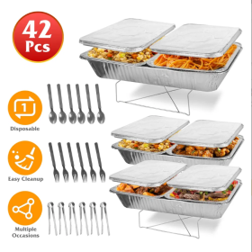 Set Of 42Pcs Disposable Chafing Dish Buffet Set Chafing Servers With Covers Spoons Forks Tongs Full-Size Pans Food Warmers For Parties Events Cat (Option: 42PcsSet)