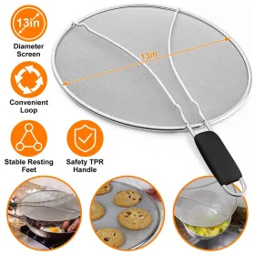 Grease Splatter Screen 13in Stainless Steel Fine Mesh Splash Mesh Shield Hot Oil Stopper (Option: silver)